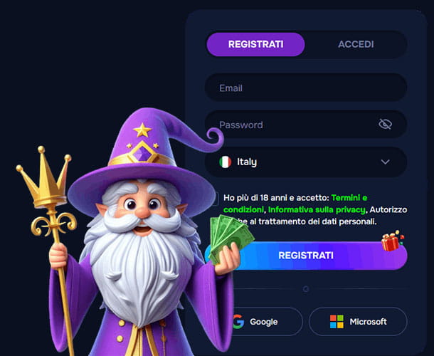 Modulo di registrazione al casinò online Wizardo
